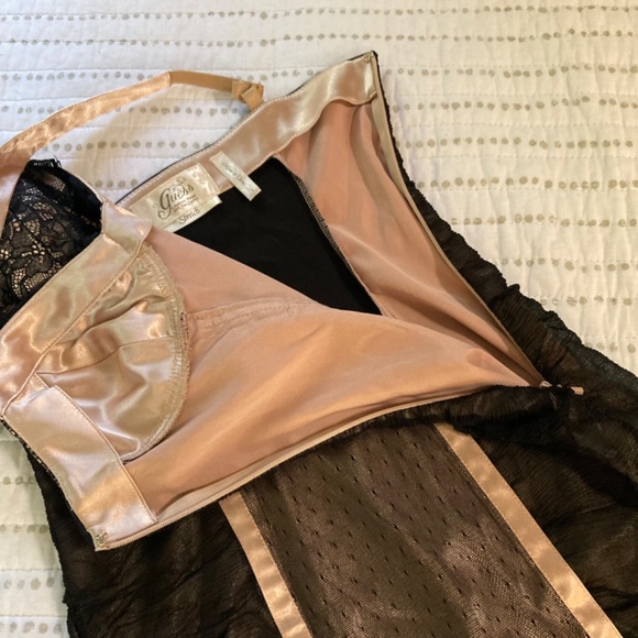 Guess Champagne Satin Black Mesh Lace Slip Dress Bombshell Whimsigoth Sz 3 - Picture 6 of 10